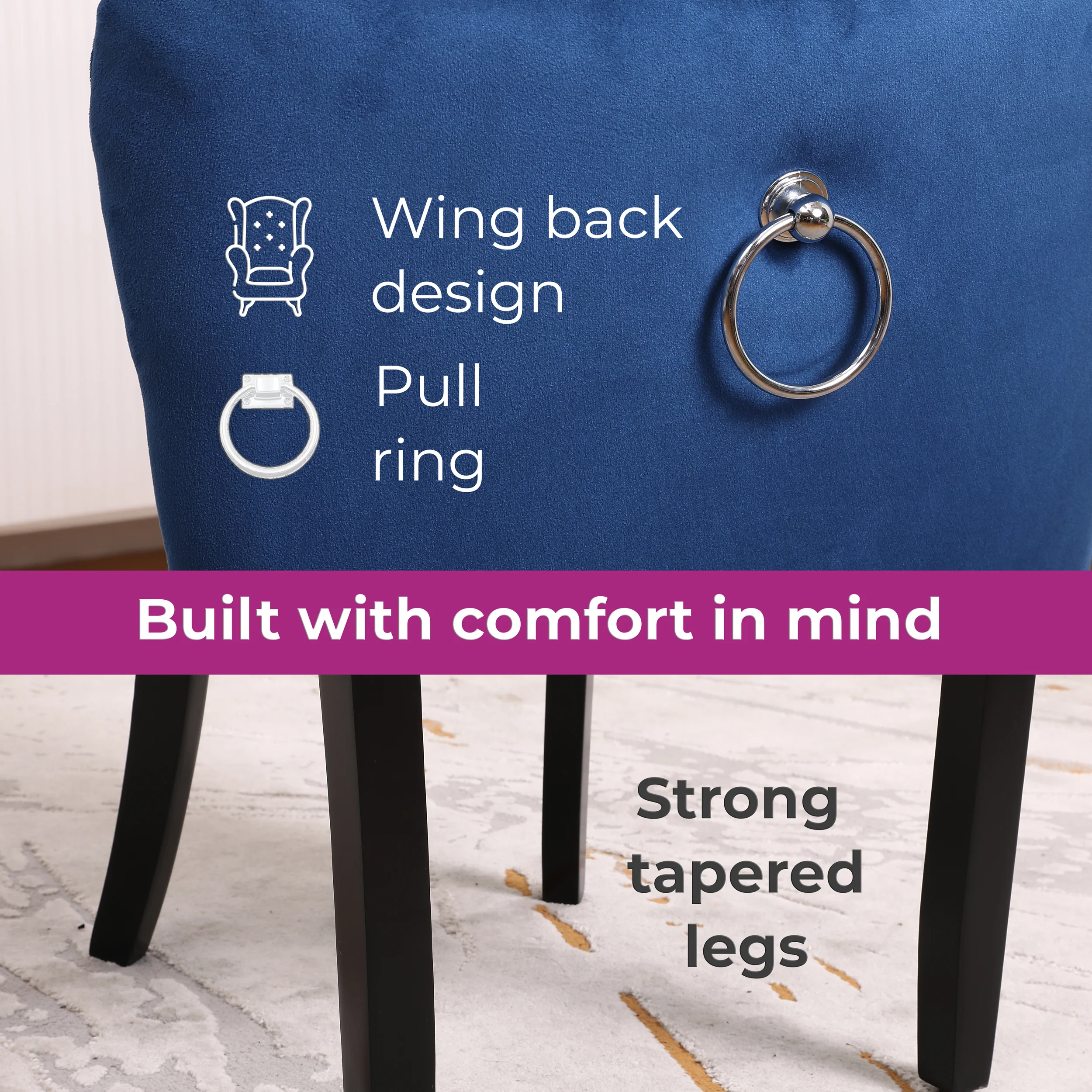 Neo Set Of Four Midnight Blue Studded Velvet Dining Chairs with Ring Knocker Detail