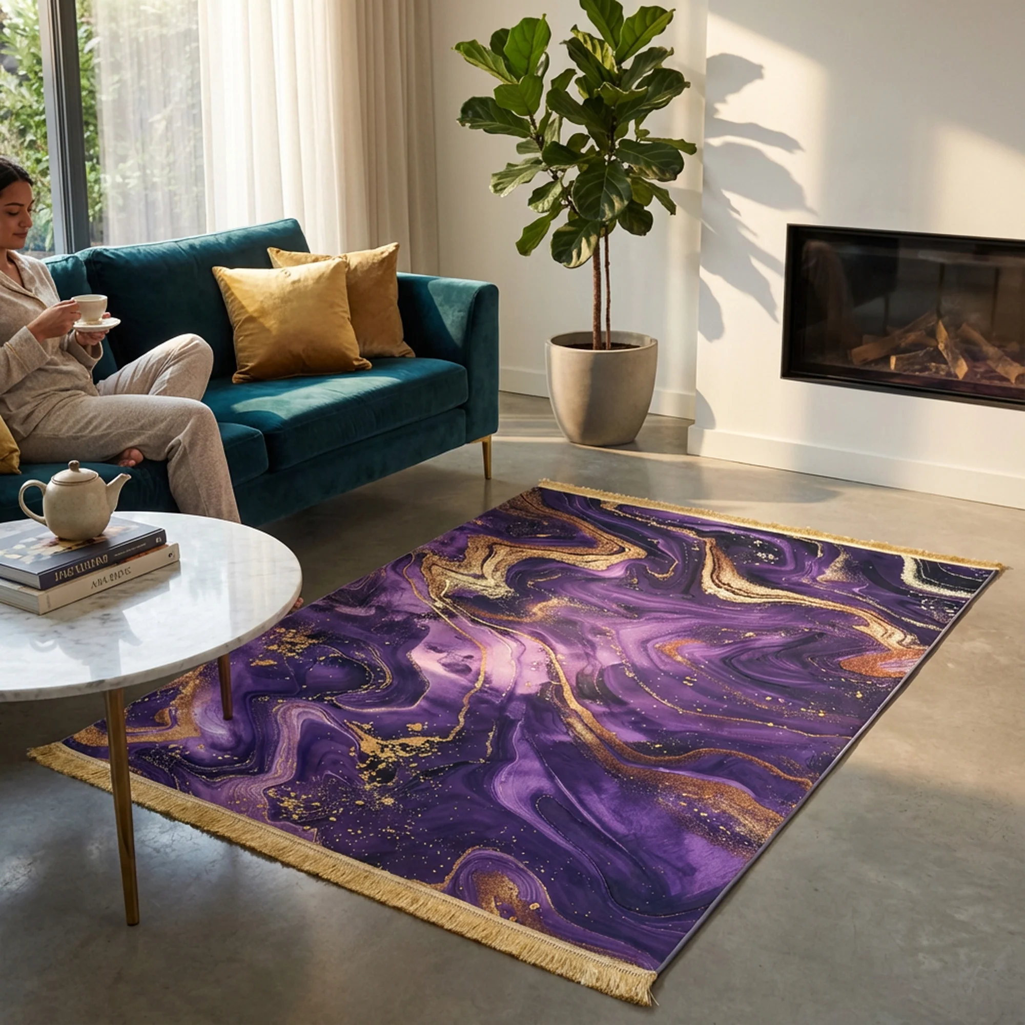 1.5 x 2m 3D Marble Design Carpet Purple & Gold