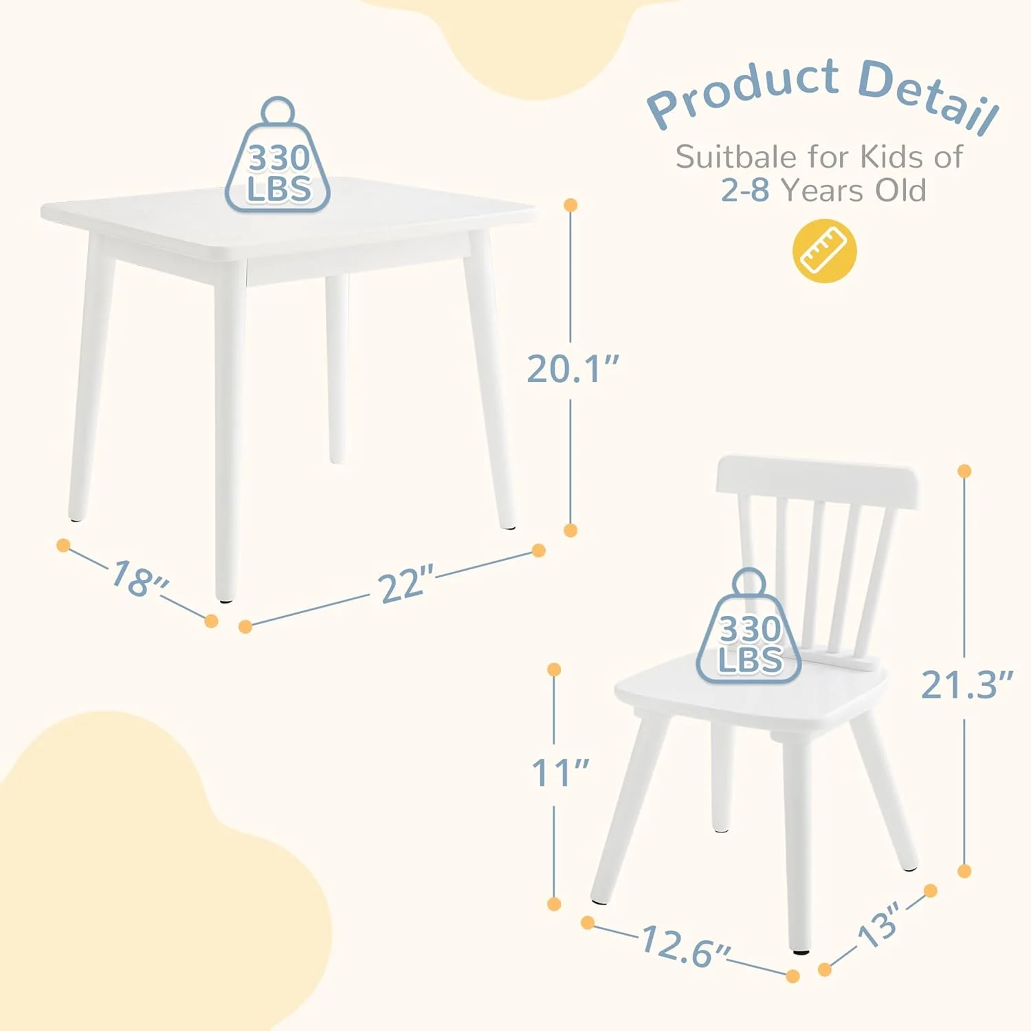 Kids Table and Chair Set - Rubberwood with Non-Slip Legs and Round Edges