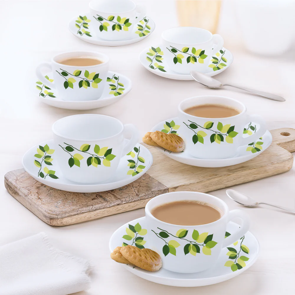 Larah By Borosil Green Leaves Cup n Saucer Set, 140ml x 12