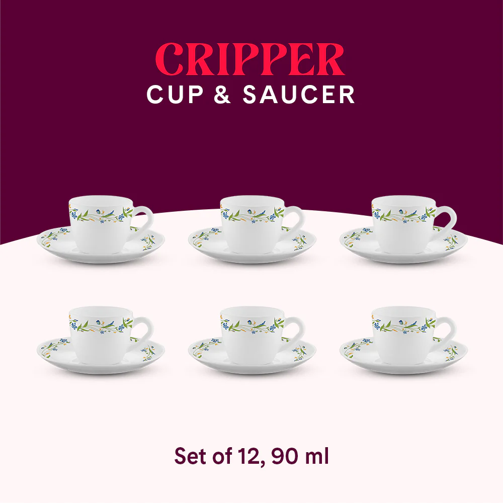 Larah by Borosil Cripper Cup n Saucer Set, 90ml x 12