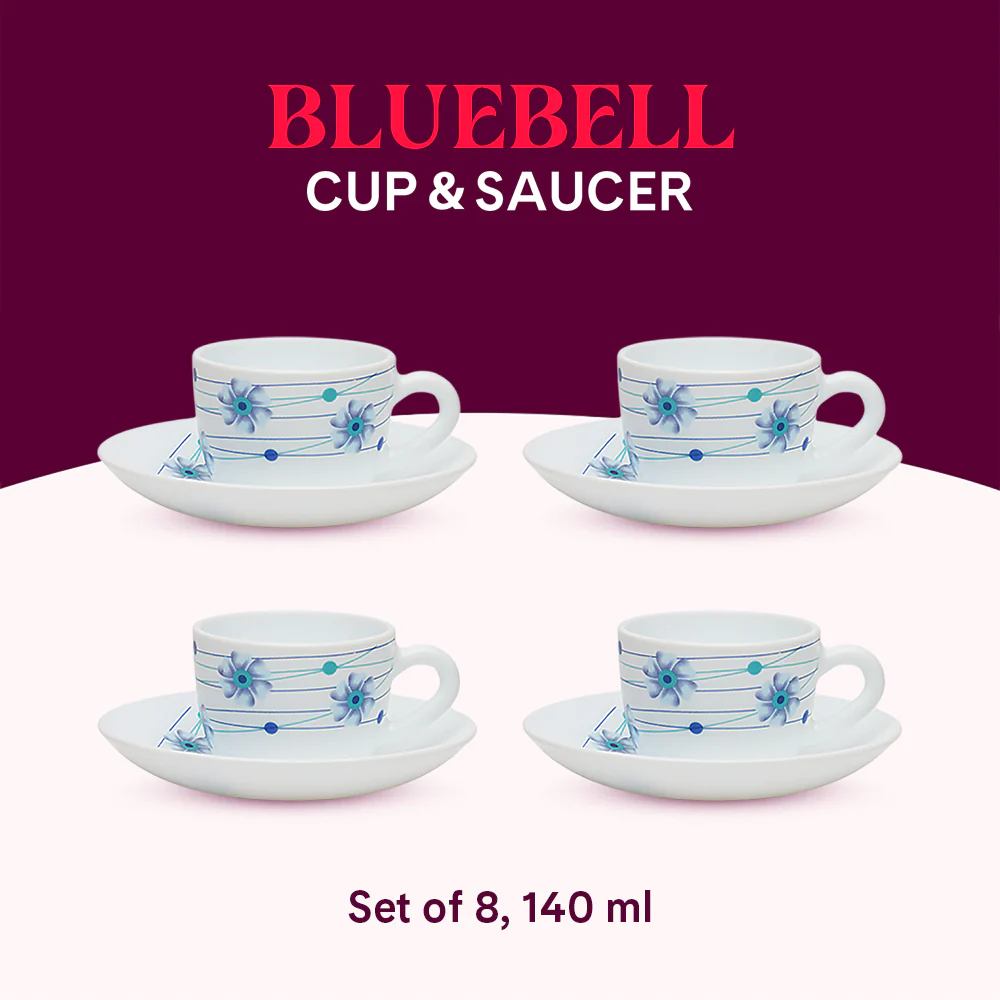 Larah by Borosil Bluebell Cup n Saucer Set, 140ml x 8