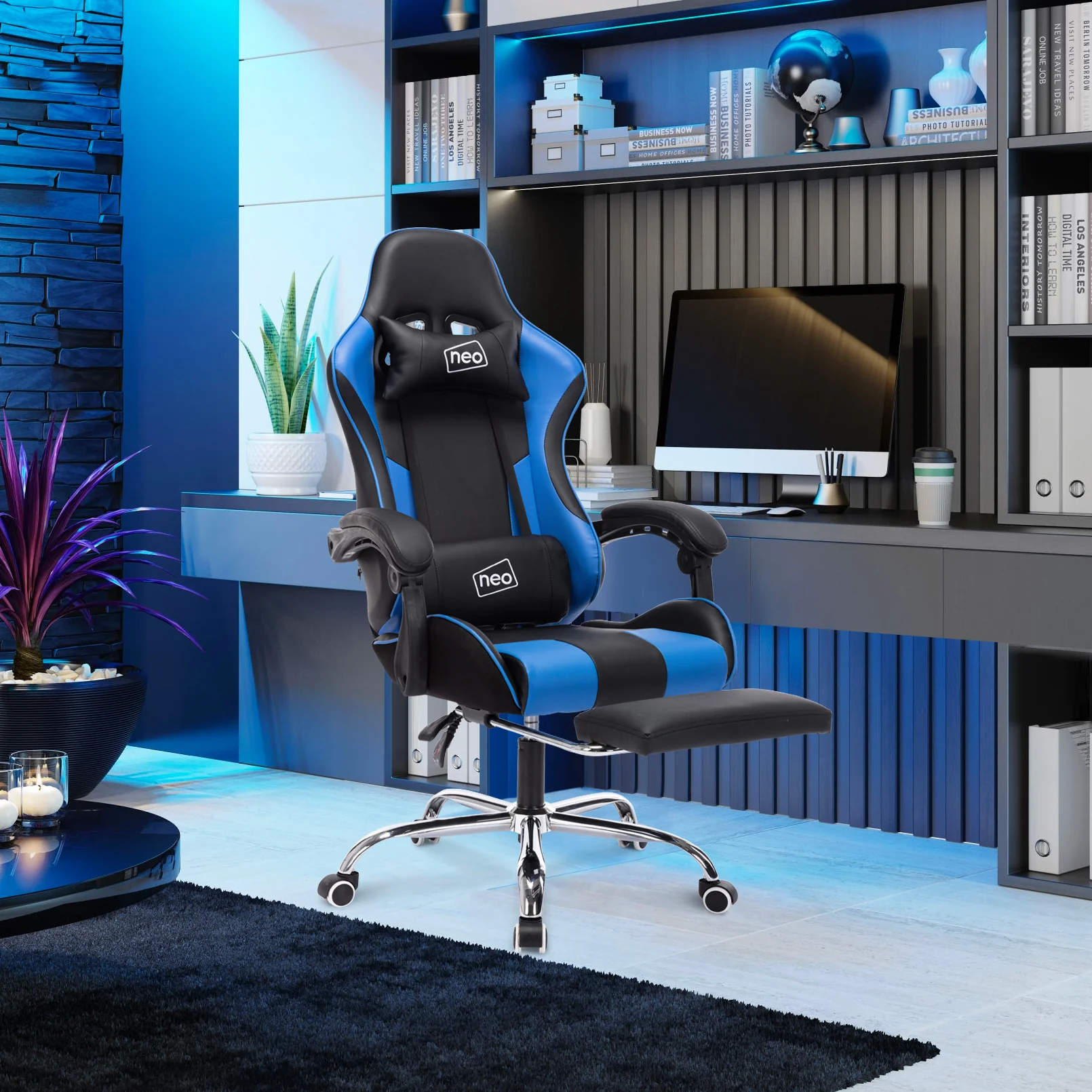 Neo Gaming Chair Blue & Black Leather With Massage Function & Footrest
