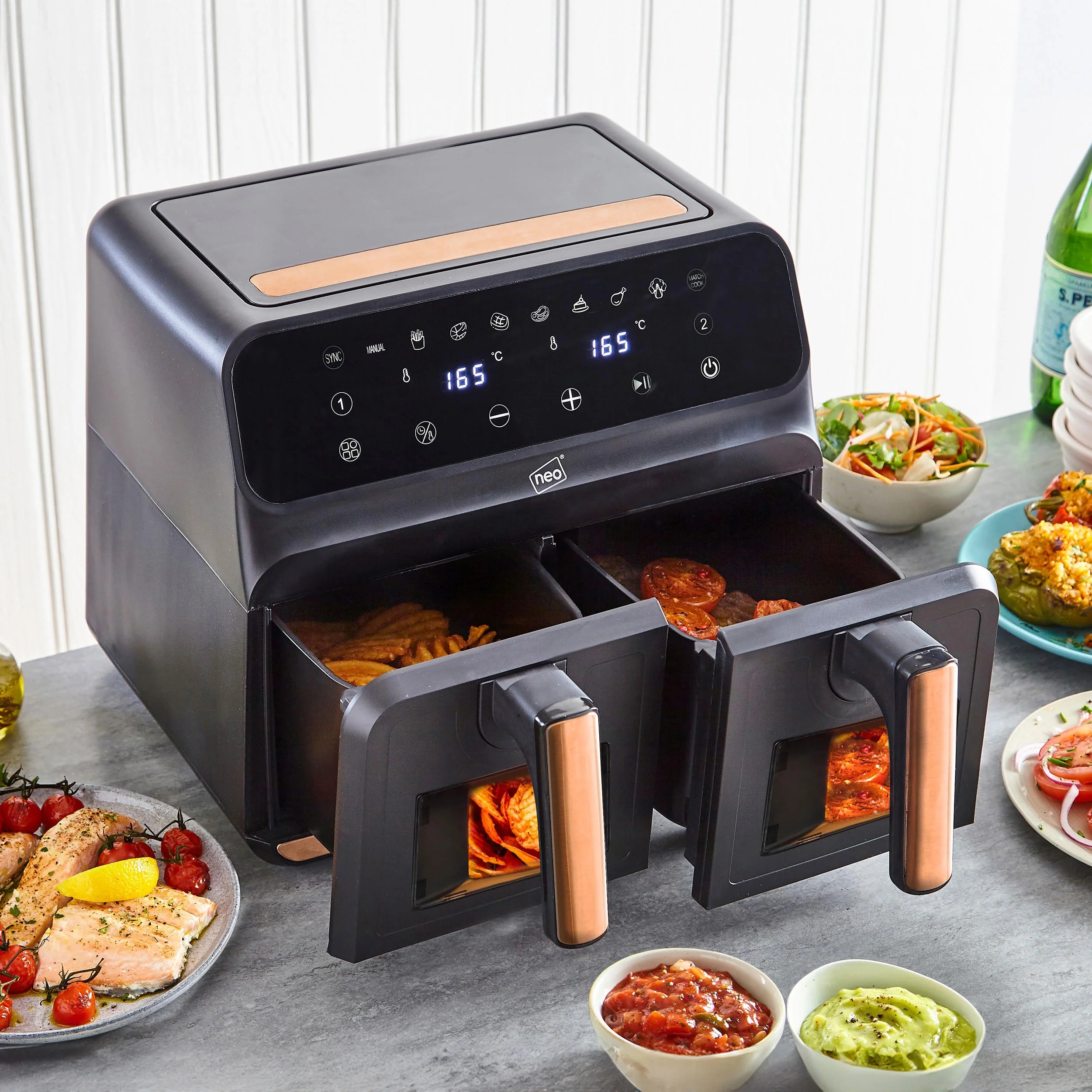 Neo Digital Electric Air Fryer Black & Copper 8.5L with Dual Drawer & Glass Viewing Window