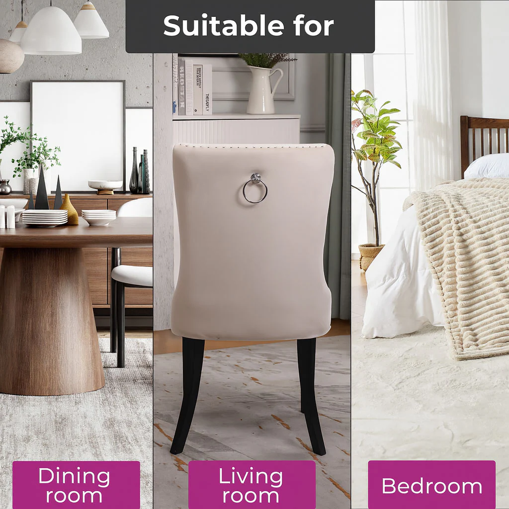 Neo Set Of Two Studded Natural Velvet Dining Chairs with Ring Knocker Detail