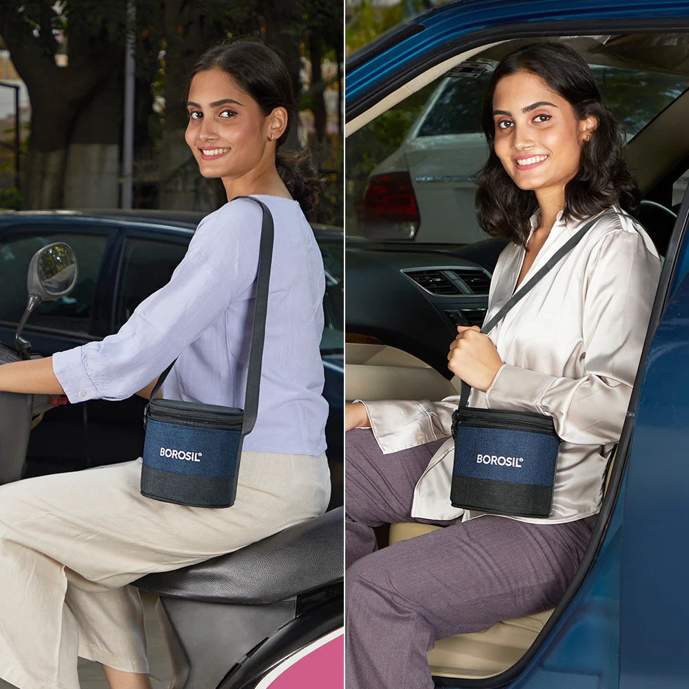 Elite Blue Grey Glass Lunch Box, Round x 2 (Tall), Set of 2, 400ml