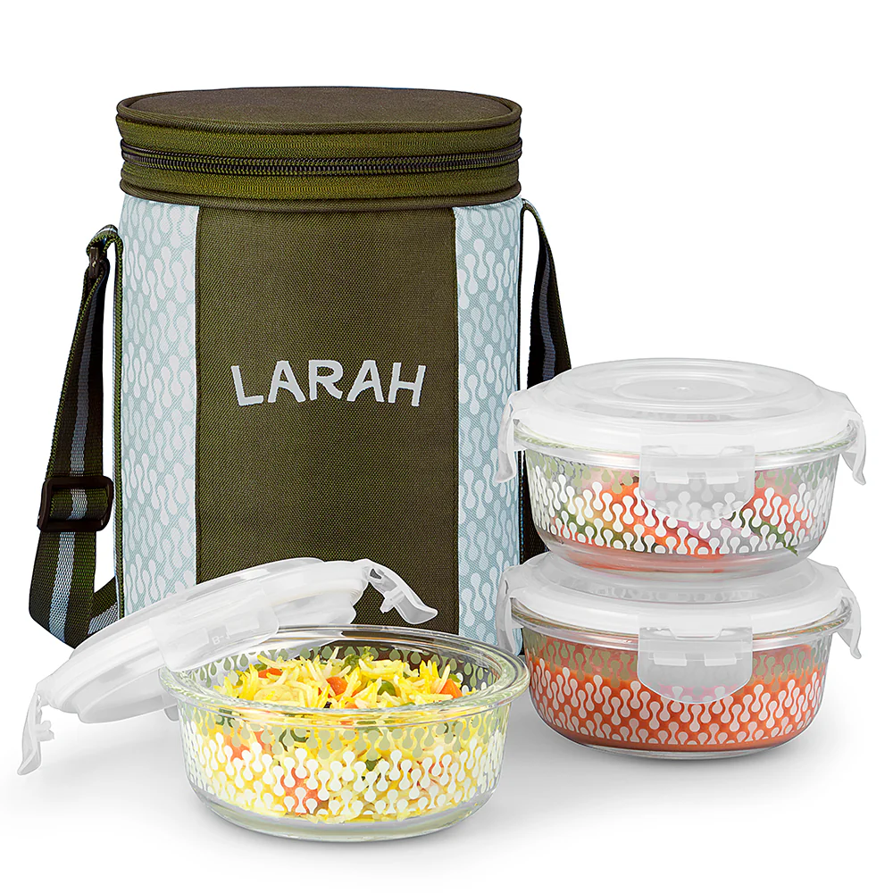 Larah Gracia Glass Lunchbox, Round x 3, 400ml x 3