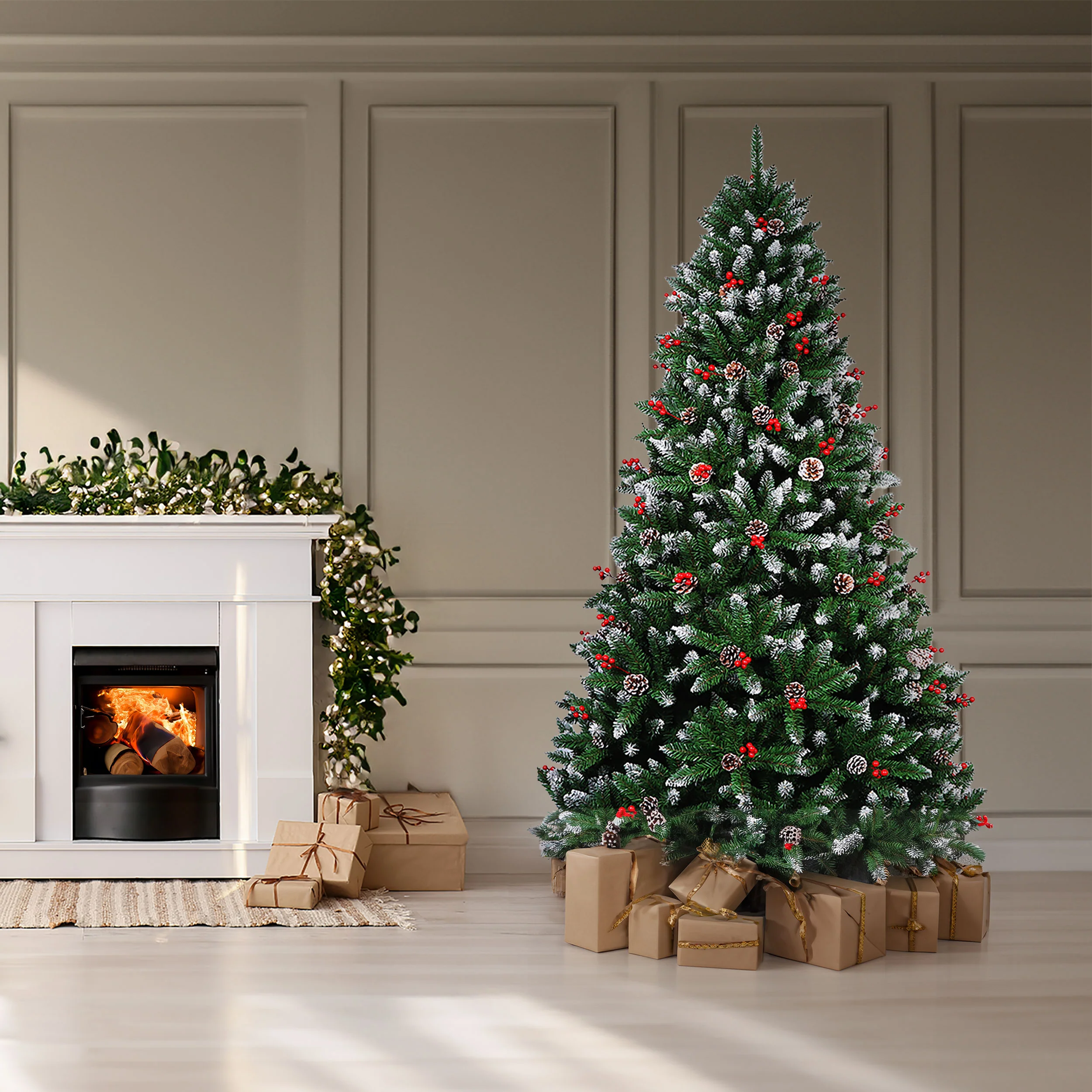 Neo Christmas Tree Artificial 7-Foot Flocked Pine Cone Red Berries