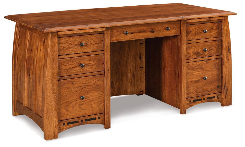Amish Boulder Creek Double Pedestal Seven Drawers Desk with Finished Backside and Curved Top