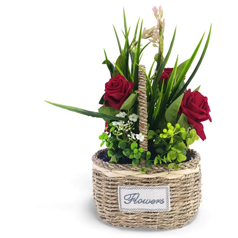 Artificial Rose Plant with Leaves in Basket Red & Green