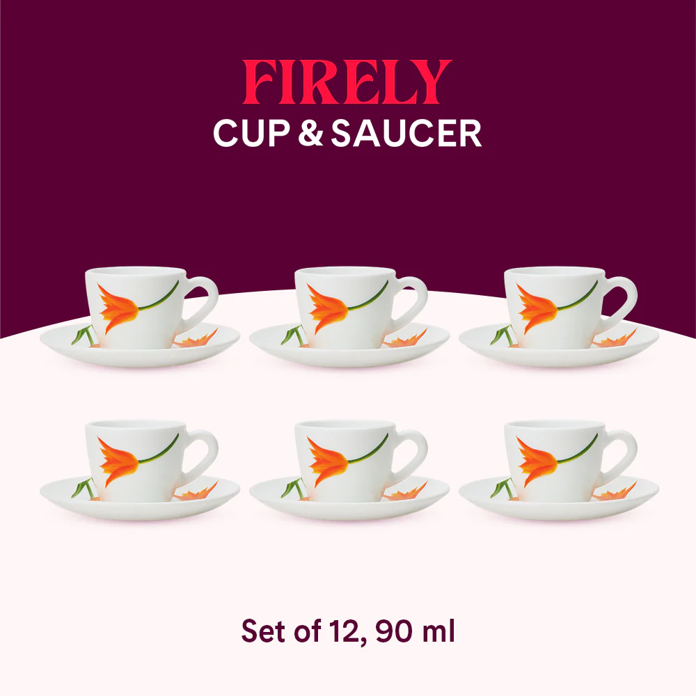 Larah by Borosil Firefly Cup n Saucer Set, 90ml x 12