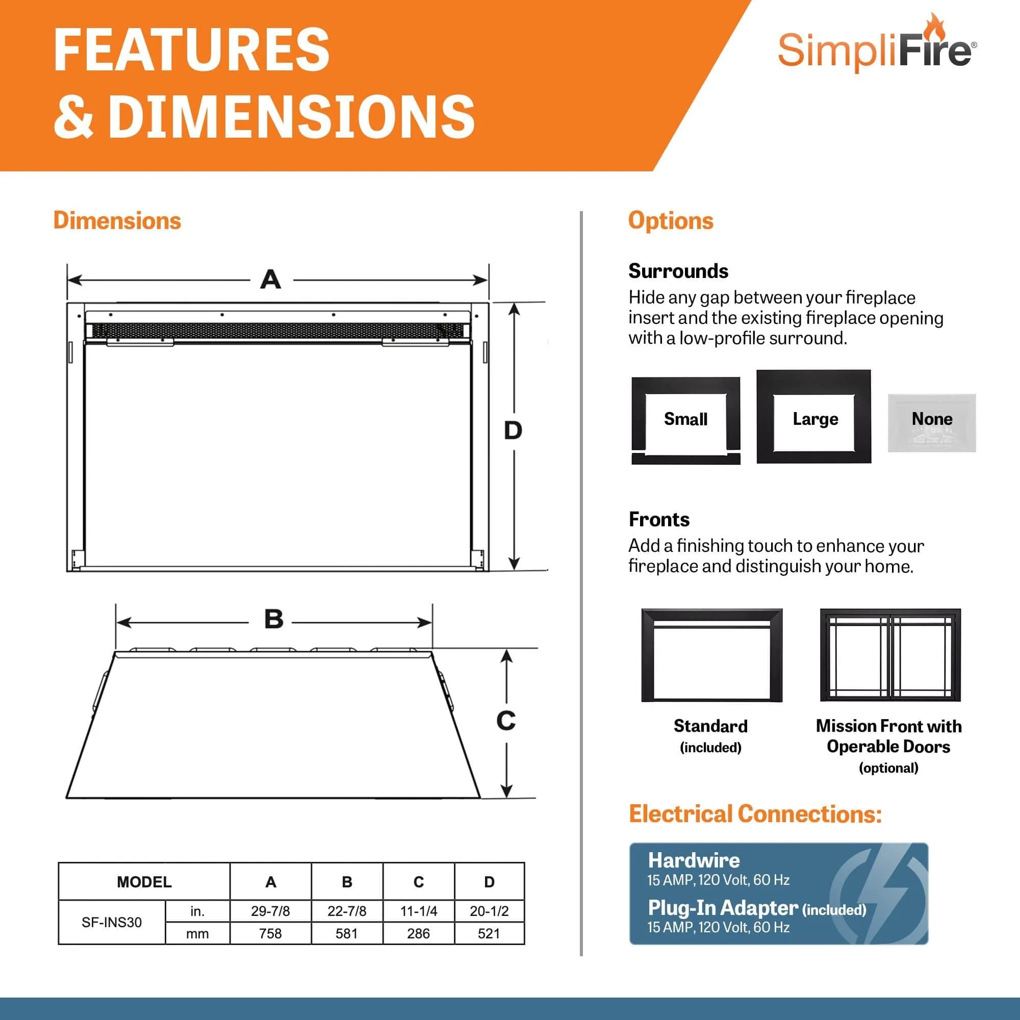 SimpliFire 30-In Electric Fireplace Insert