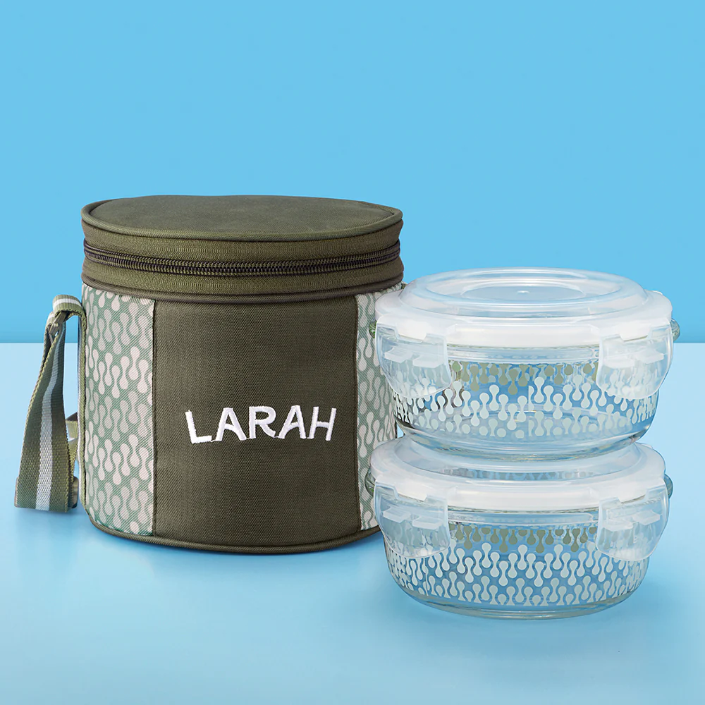 Larah Gracia Glass Lunchbox, Round x 2 (Tall), 400ml x 2
