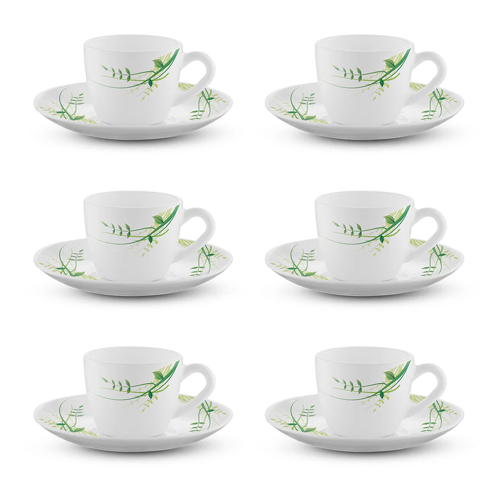 Larah by Borosil Green Herbs Cup n Saucer Set, 140ml x 12