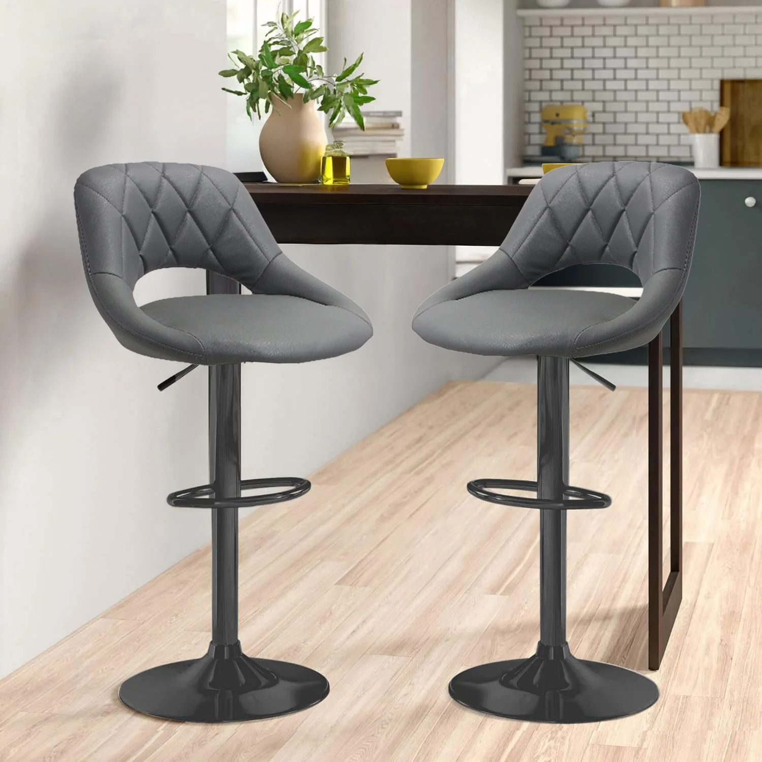Neo Bar Stool Dark Grey Faux Leather Black Steel Base Set Of Two
