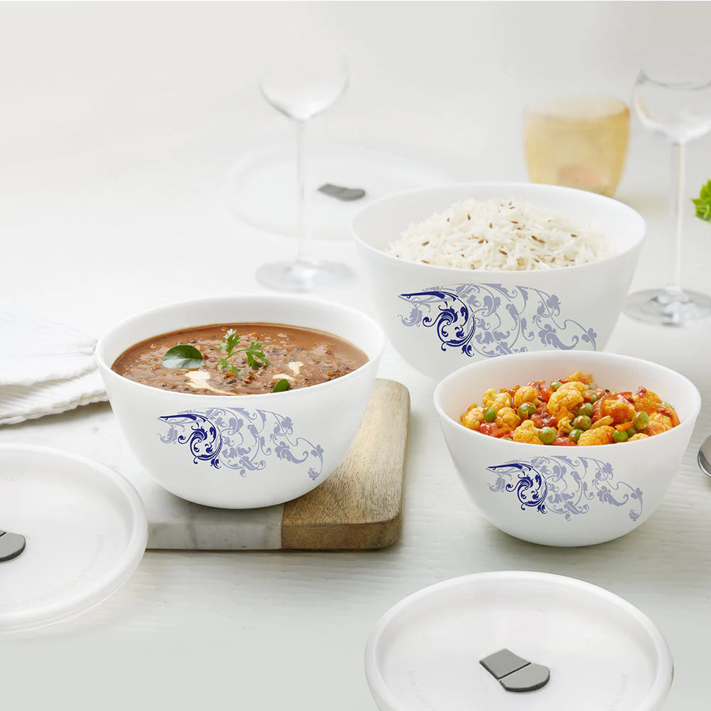 Larah by Borosil Blue Eve Mixing Bowl Set w Lid, 6 pc Set (500ml + 750ml + 1 L)