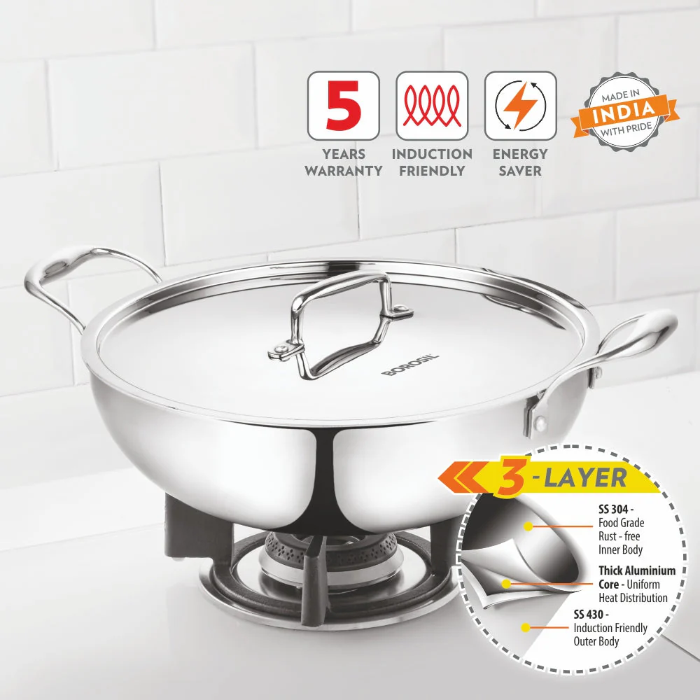 Borosil Cookfresh Triply Kadhai (SS Handle + Lid), 2.7L