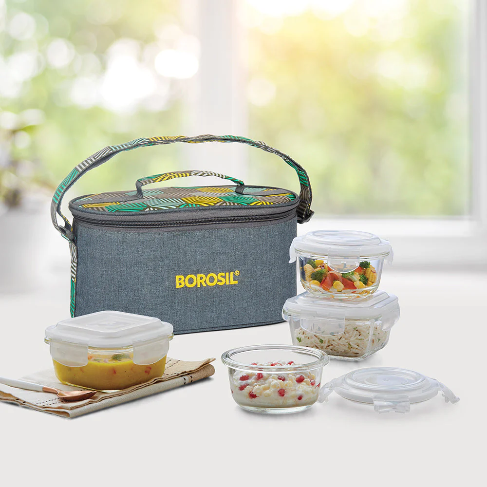 Foodluck Olive Universal Glass Lunch Box, Set of 4 (320ml x 2 + 240ml x 2)