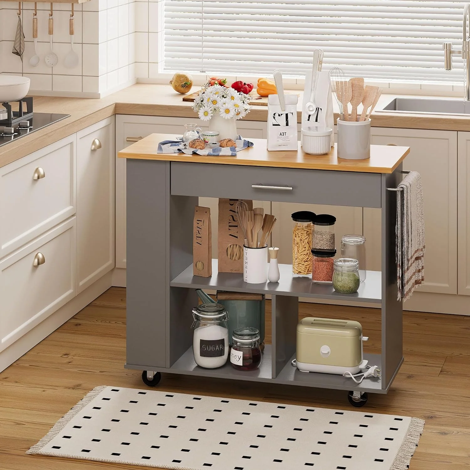 Small Kitchen Island on Wheels with 3-Tier Side Spice Rack and Rubber Wood Top