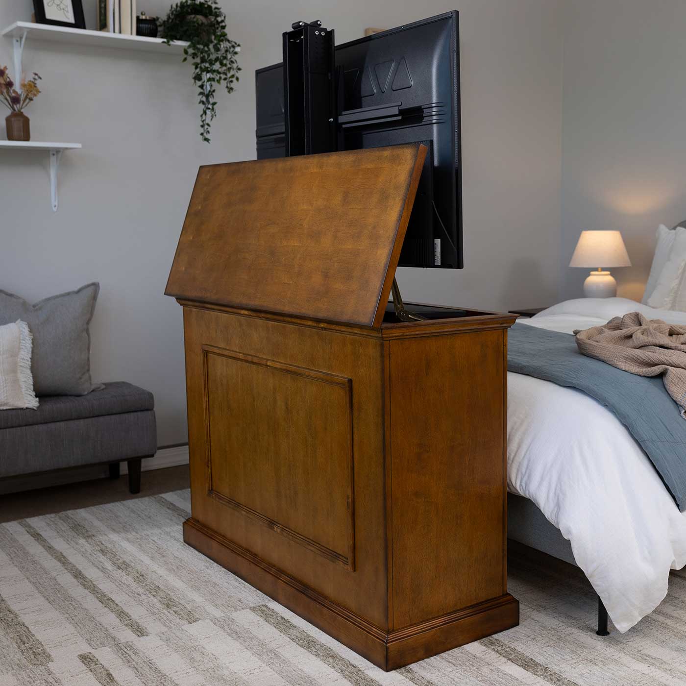 The Elevate 72009 Honey Oak Smart TV Lift Cabinet for 50 Inch Flat screen TVs