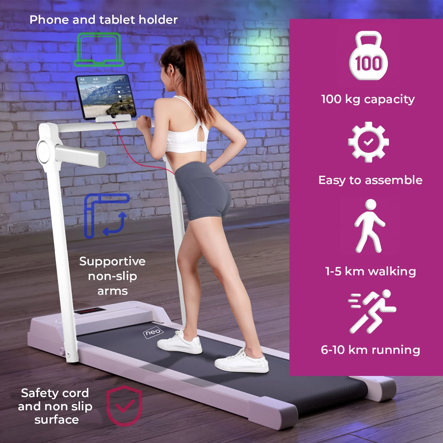 Neo Pink Walking Pad Treadmill with Handrail