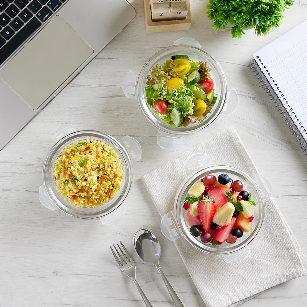 Smile Glass Lunch Box, Round x 3 (Tall), Set of 3, 400ml