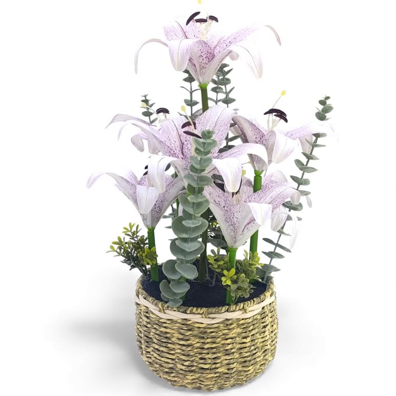 Artificial Lily Flower Arrangement in Basket Purple & Green
