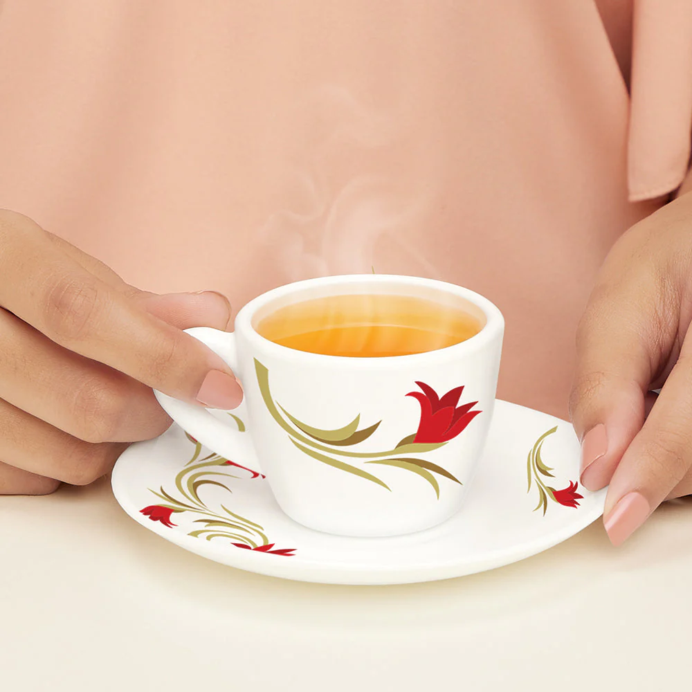 Larah by Borosil Red Lily Cup n Saucer Set, 140ml x 12