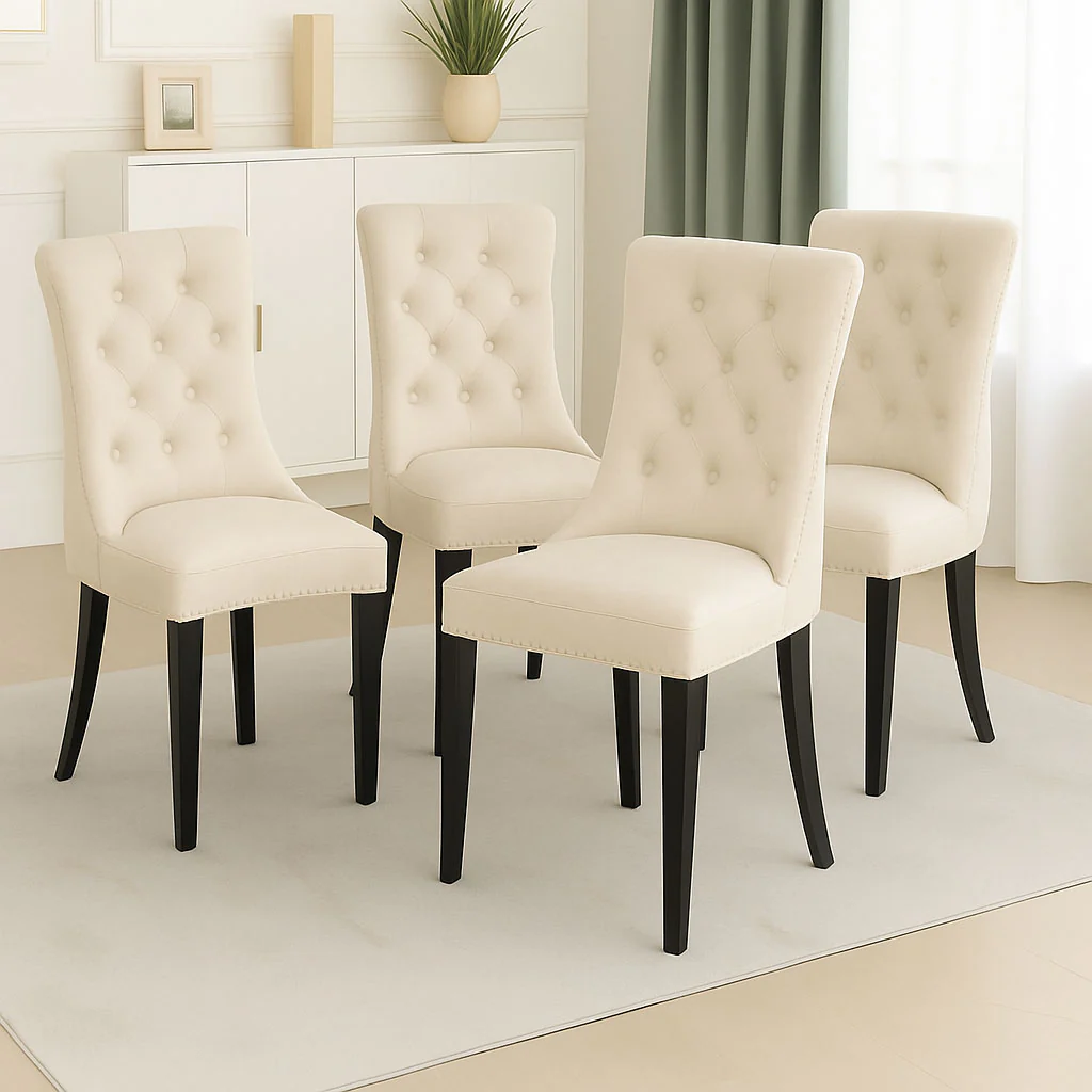 Neo Set of Four Studded Natural Velvet Dining Chairs with Ring Knocker Detail