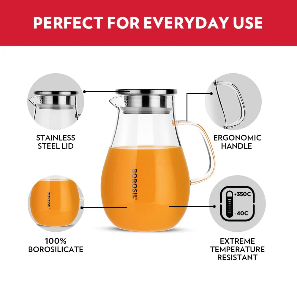 Borosil Vision Juice & Water Jug w steel lid, 1.75L
