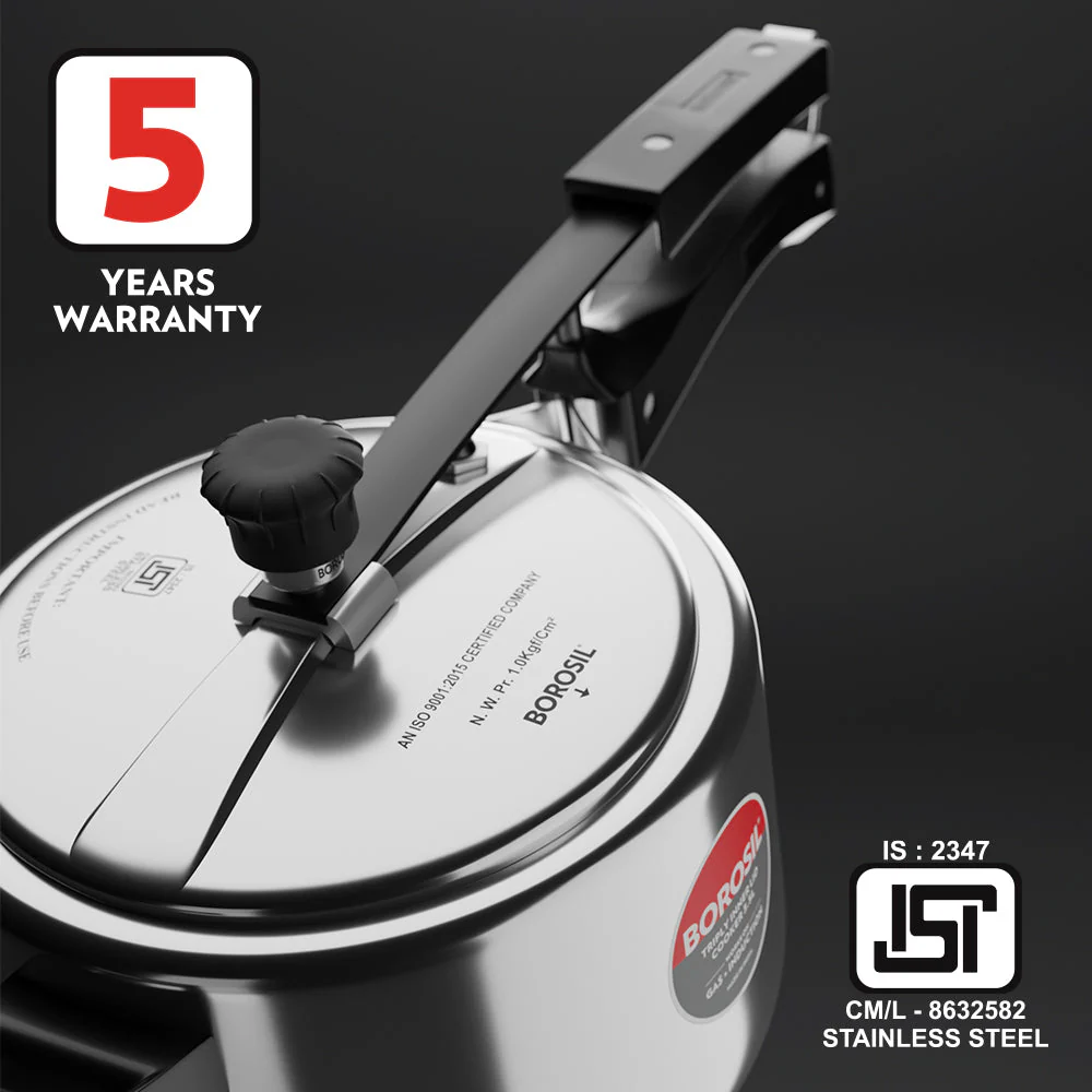 Borosil Inner Lid Tri-Ply Pressure Cooker, 5L