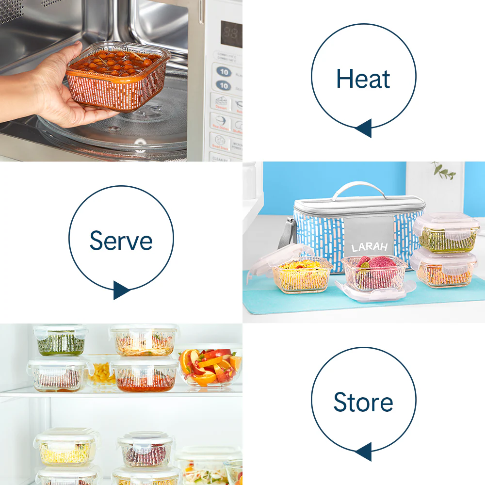 Larah Vogue Glass Lunchbox, Square x 4, 320ml x 4