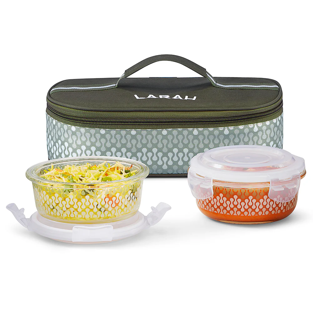 Larah Gracia Glass Lunchbox, Round x 2 (Flat), 400ml x 2