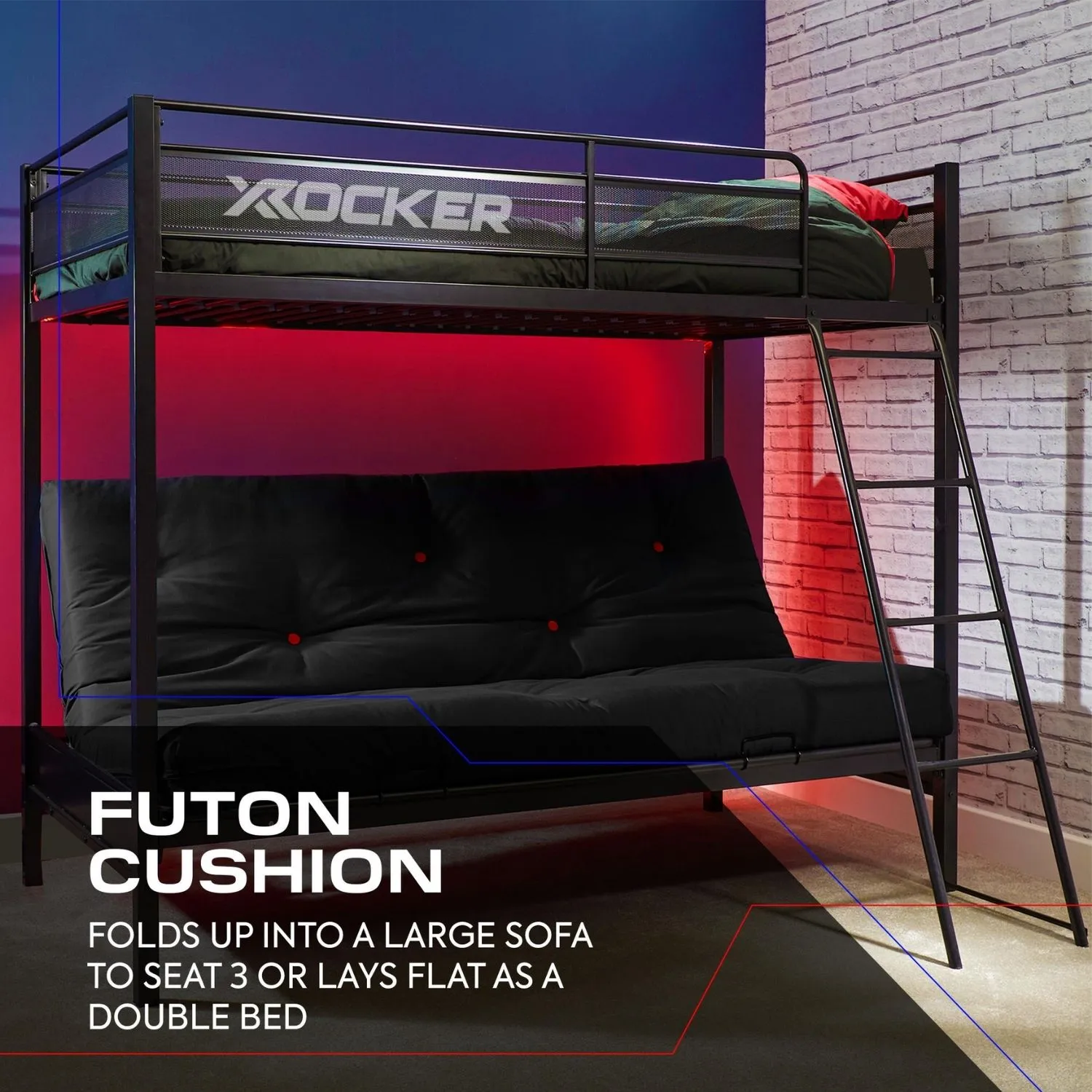 Stronghold Gaming Bunk Bed with Double Futon Cushion - Black