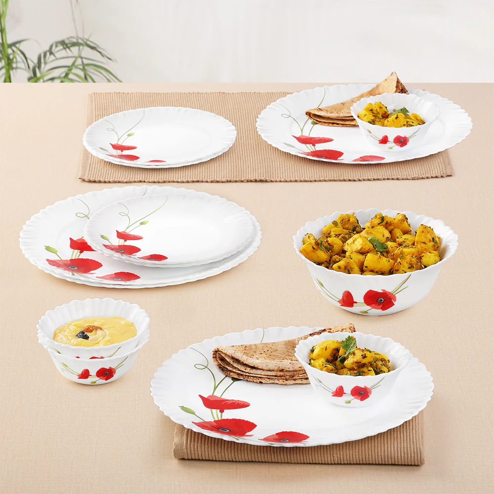 Larah by Borosil Red Carnation Dinner Set, 13 pc