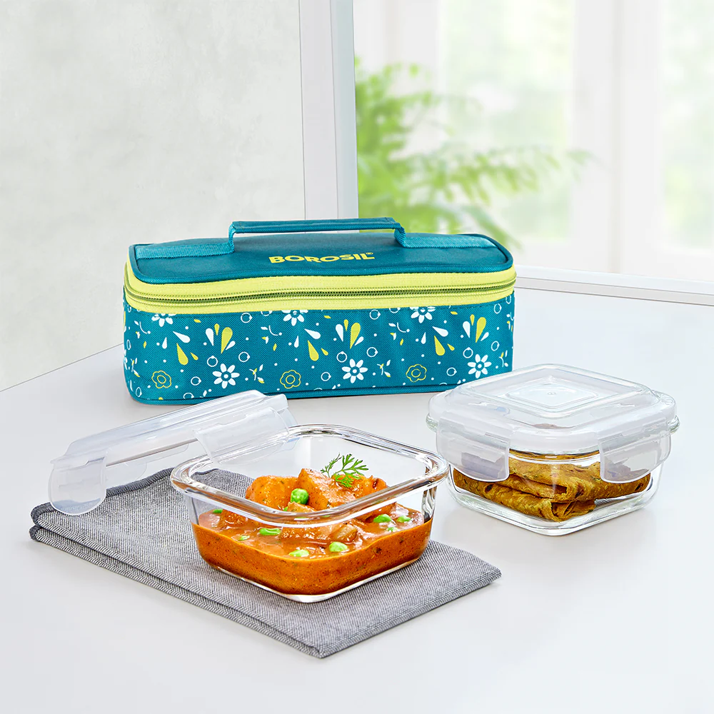 Borosil Grace Marine Glass Lunchbox, Square x 2 (Flat)
