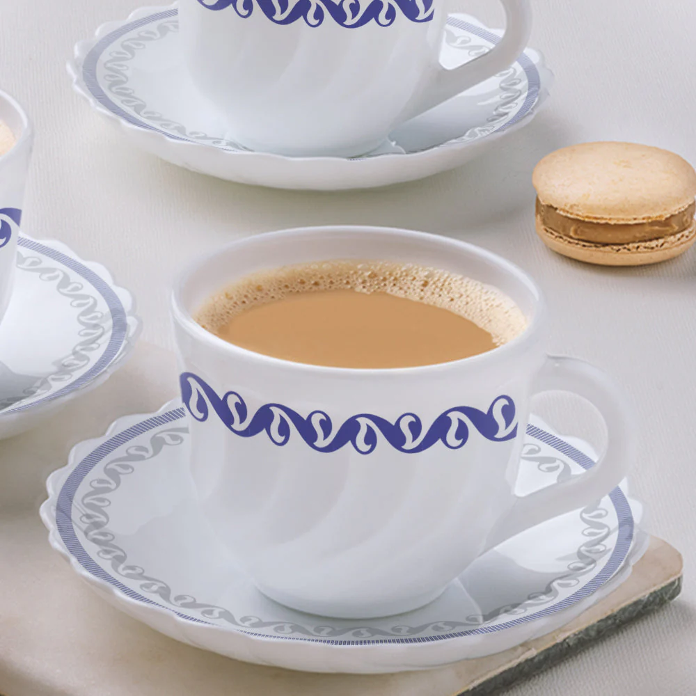 Larah by Borosil Jazzblue Cup n Saucer Set, 140ml x 8