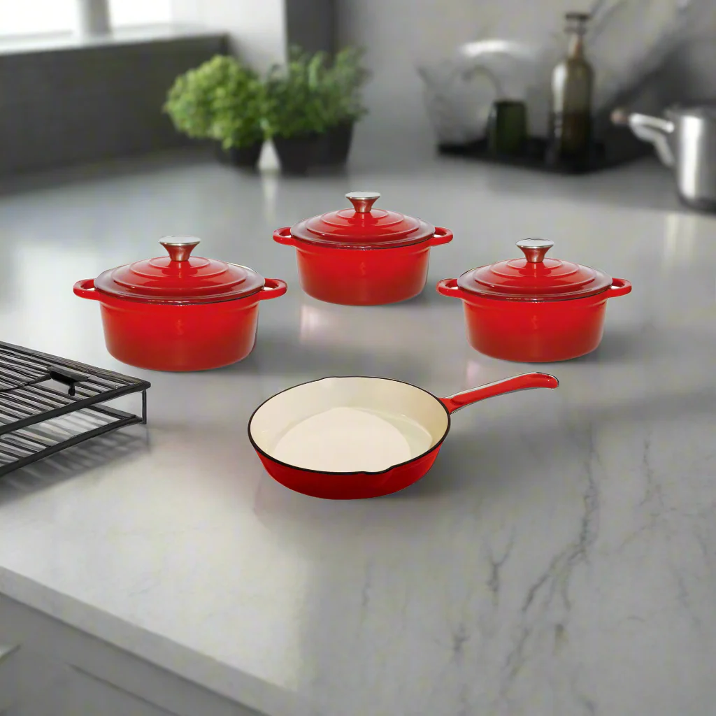 CH 7 Piece Cast Iron Pot Set Red