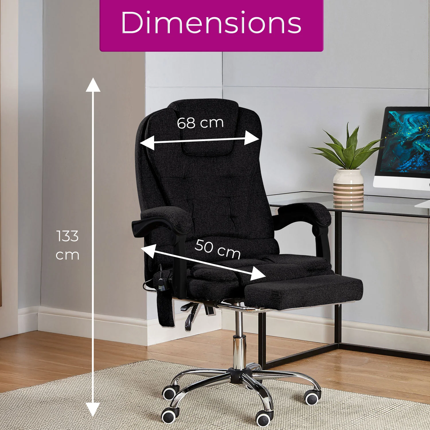 Neo Office Chair Black Fabric Footrest & Massage Function Steel Frame