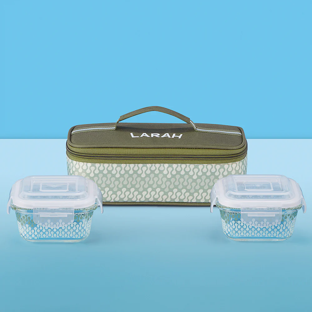 Larah Gracia Glass Lunchbox, Square x 2 (Flat), 320ml x 2
