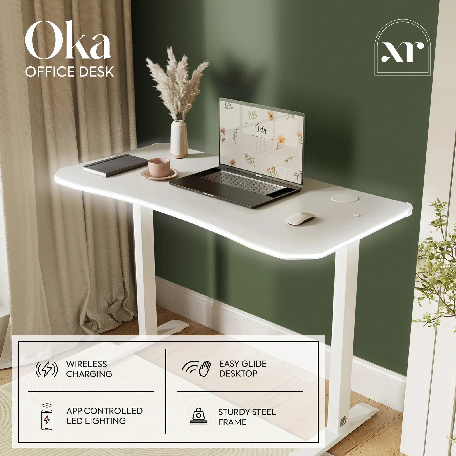 Oka LED Office Desk with Wireless Charging - White (2 Sizes)