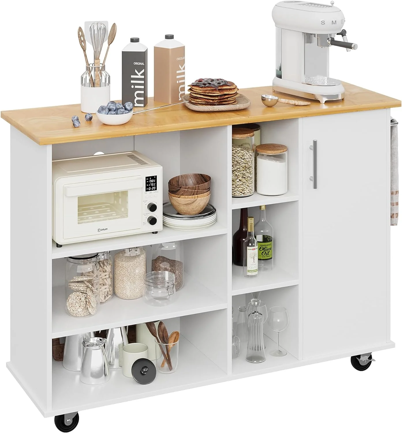 Small Kitchen Island on Wheels with 3-Tier Side Spice Rack and Rubber Wood Top