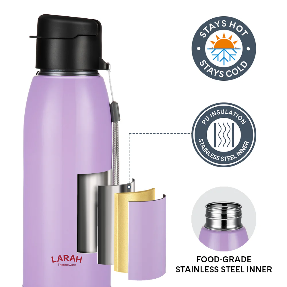 Larah Airo Round PU Thermoware Bottle, 550 ml, Lavender