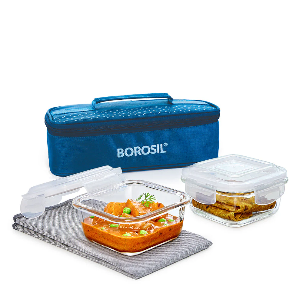 Borosil Teal Glass Lunch Box, Square x 2 (Flat), 320ml x 2