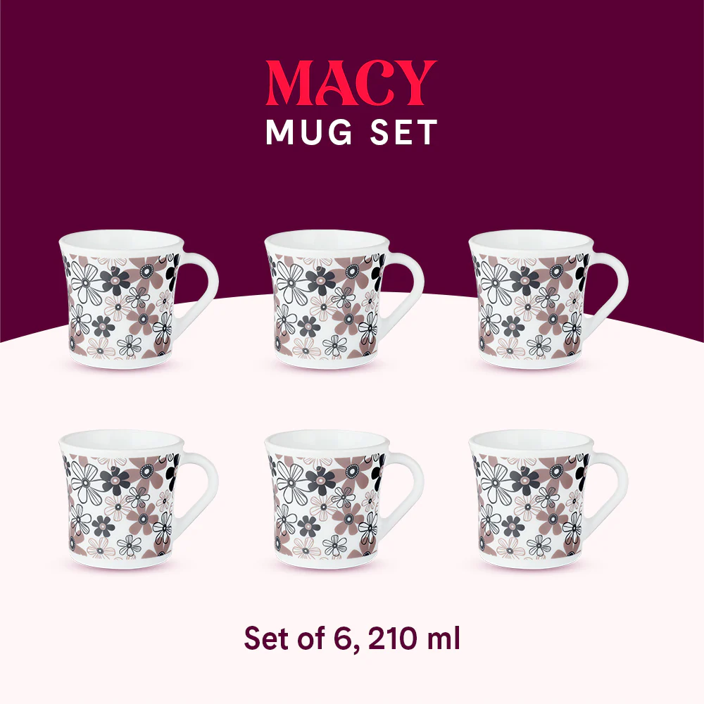 Larah by Borosil Crysta Macy Mug Set, 210ml x 6