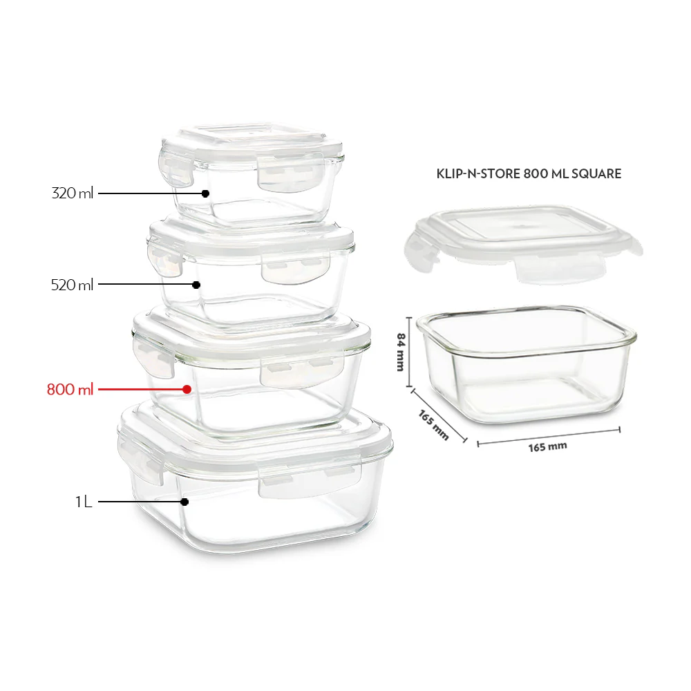 Borosil Tuff-Glass Klip n Store, Square Container
