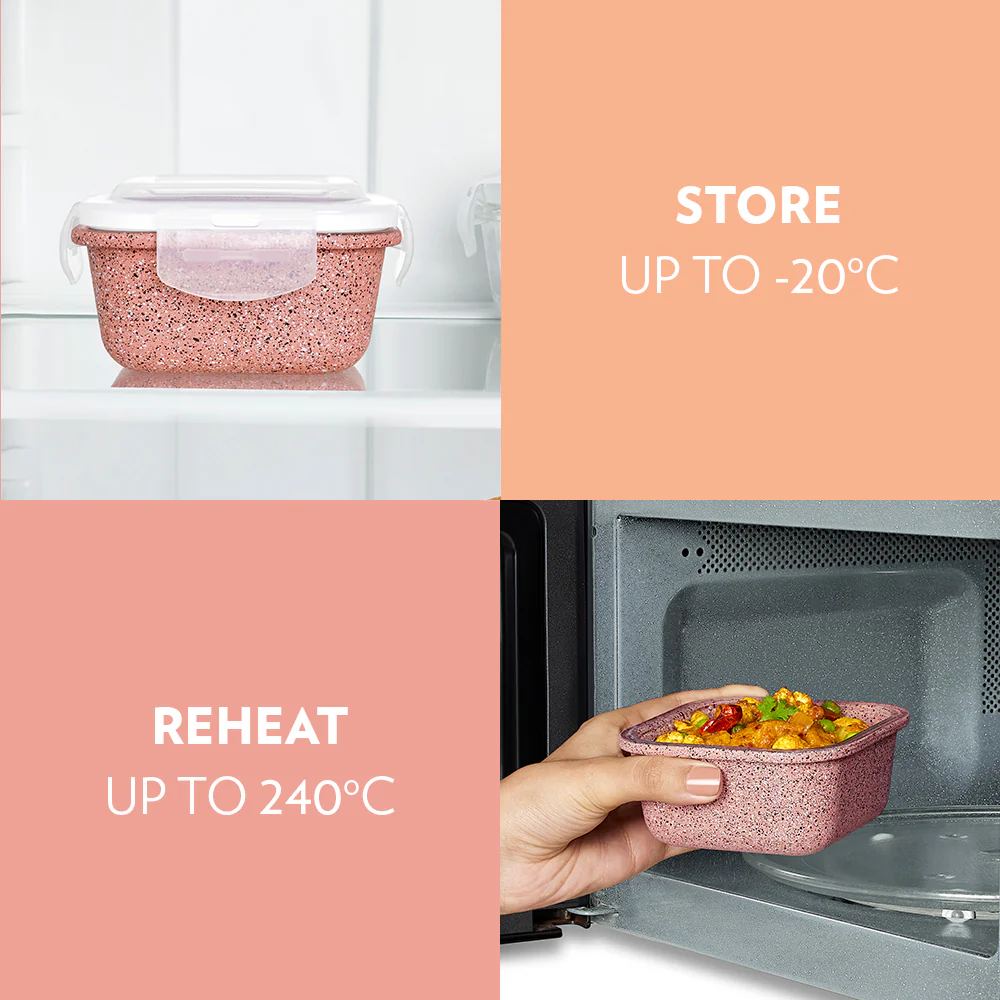 Borosil Kube Pink Glass Lunch Box, Square x 3 (Tall), Set of 3, 320ml