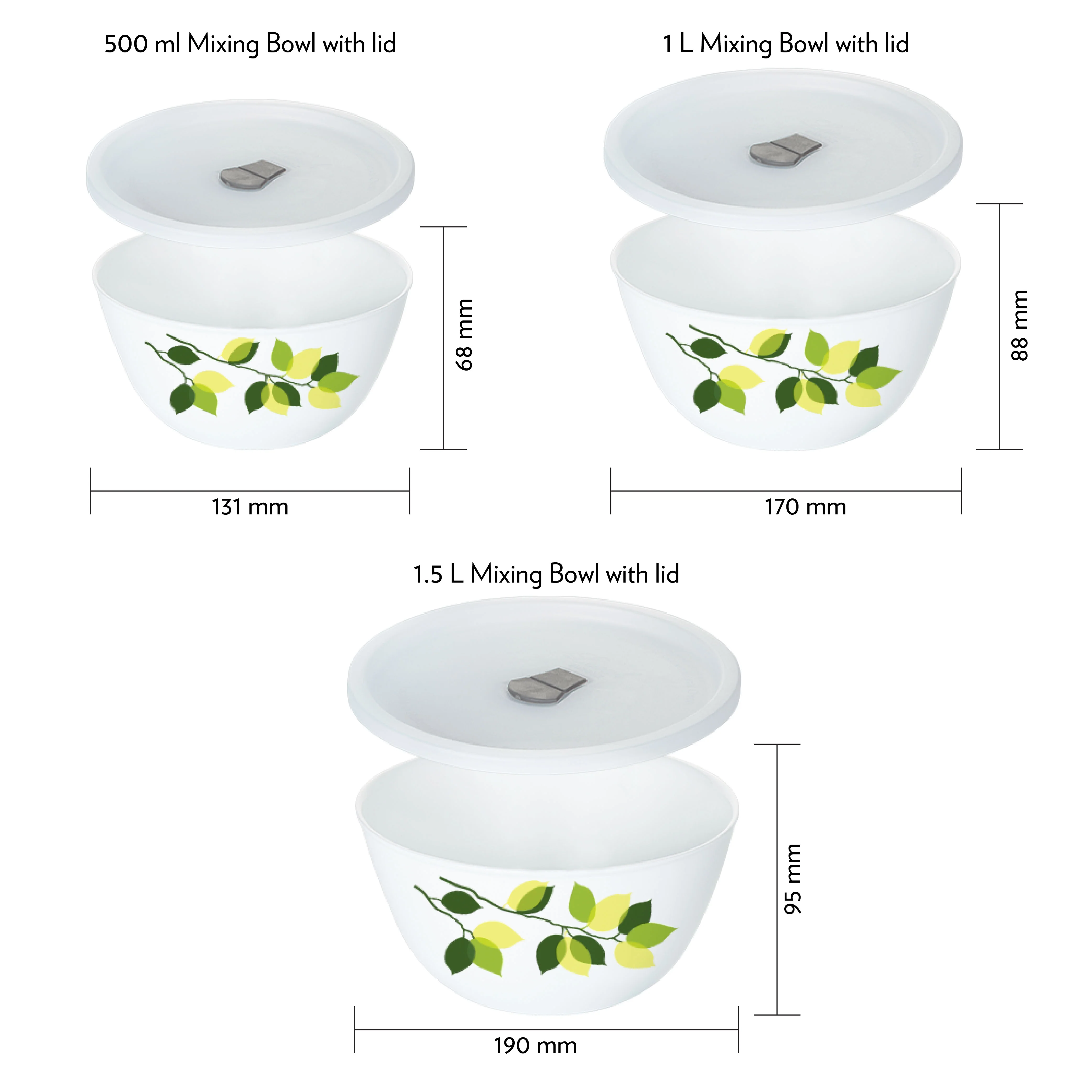 Larah by Borosil Green Leaves 4 pc Mixing Bowl, 500 ml + 1 L + 1.5 L