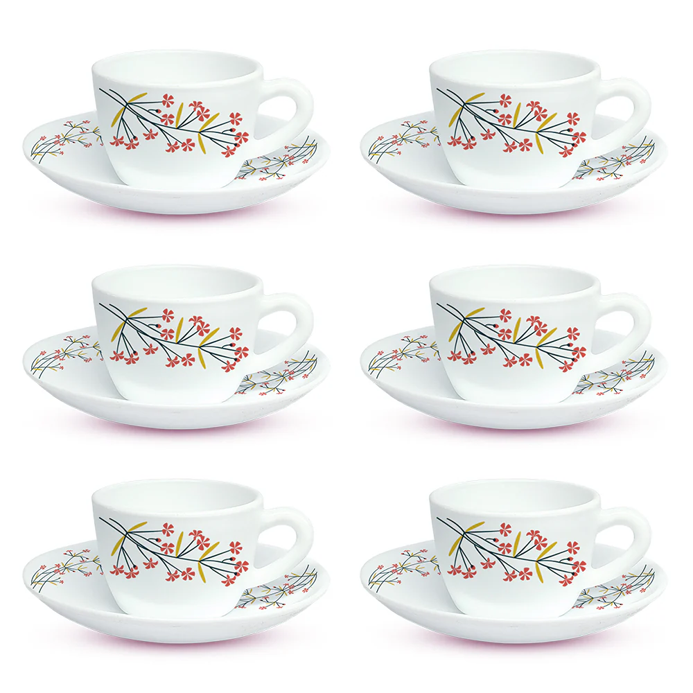 Larah By Borosil Red Bud Cup n Saucer Set, 140ml x 12