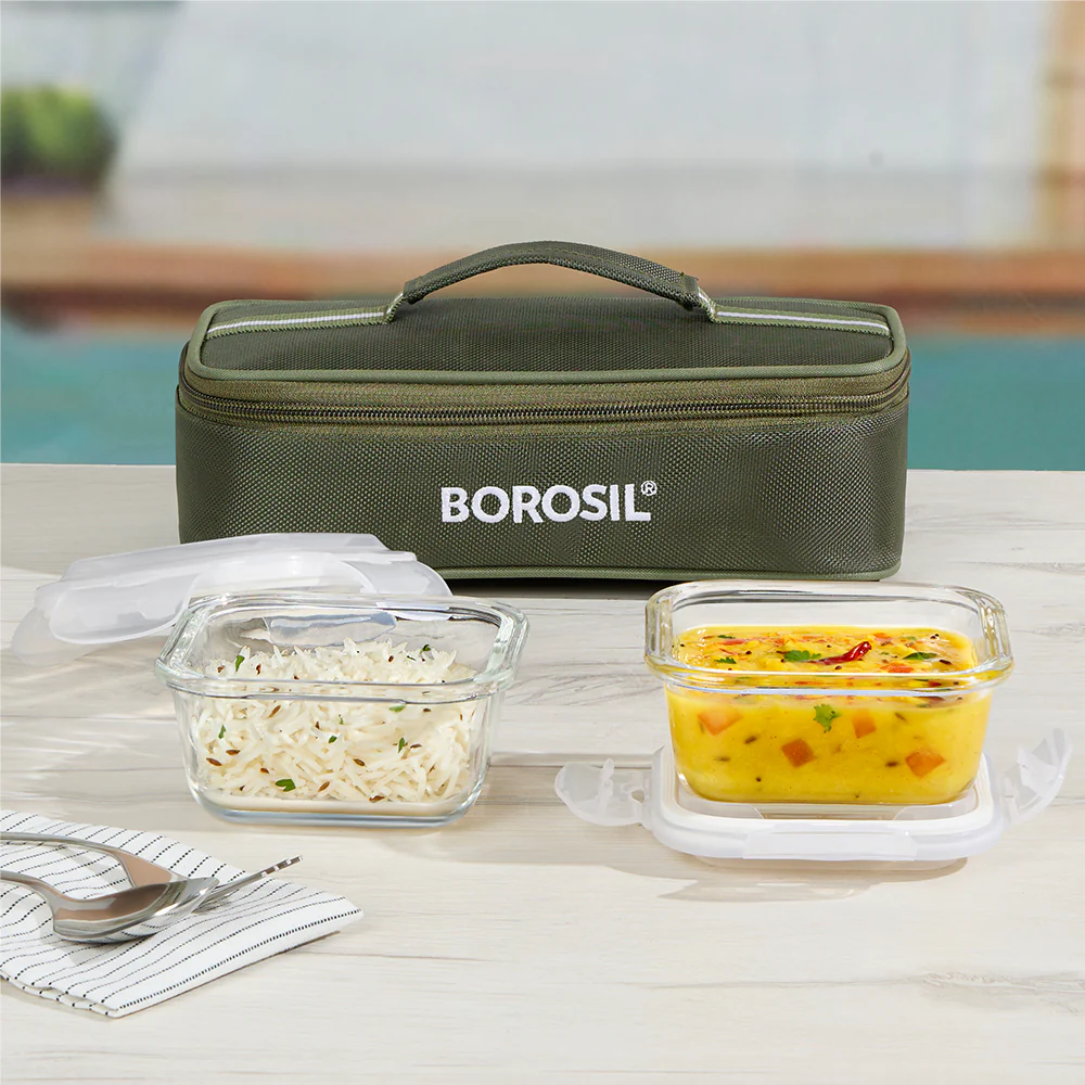 Borosil Eateasy Glass Lunchbox, Square x 2 (Flat), 320ml x 2